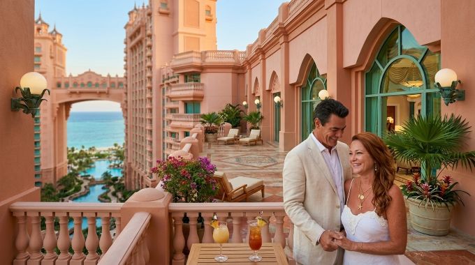 Couple in the Bahamas at Atlantis The Legend Bridge Suite balcony drinks
