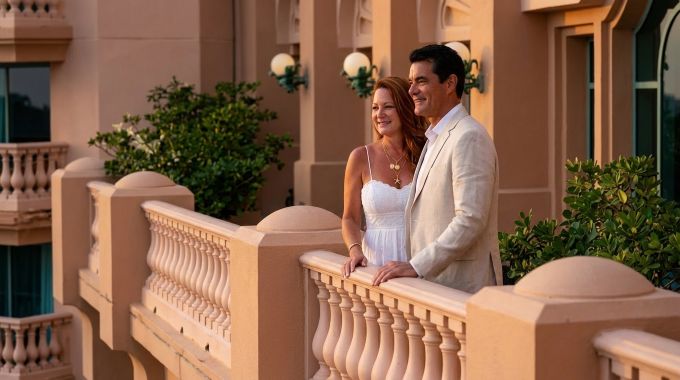 Couple in the Bahamas at Atlantis The Legend Bridge Suite balcony